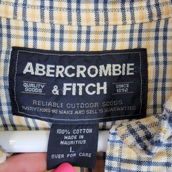 Abercrombie Fitch Shirt Mens L Yellow Blue Long Sleeve Plaid Preppy Business Y2K - Picture 6 of 12